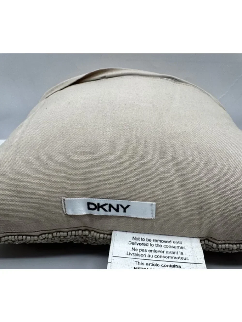 DKNY Home Gridlock Seed Bead Embellished Throw Accent Pillow 12x12 Taupe Tan EUC